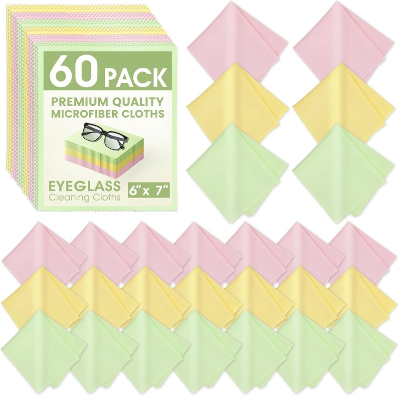 Zeefpod 60-Pack Microfiber Cleaning Cloths for Glasses, 6x7 Inch Premium Lens Cleaning Cloth for Screens, Cameras, Eyeglasses, Cell Phone, LCD TV Screens，Pink，Green，Yellow - Image 1